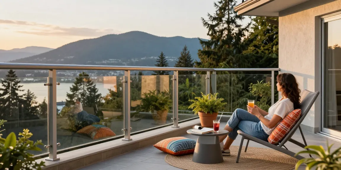 Custom steel railings enhancing a stylish balcony in West Vancouver, showcasing modern design and coastal views.