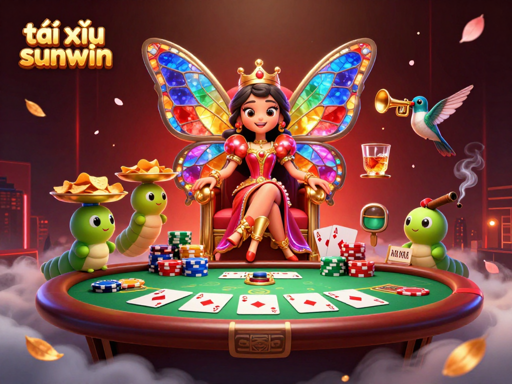 Engage with the dynamic scene of tài xỉu sunwin, showcasing colorful game elements and characters in a vibrant casino setting.
