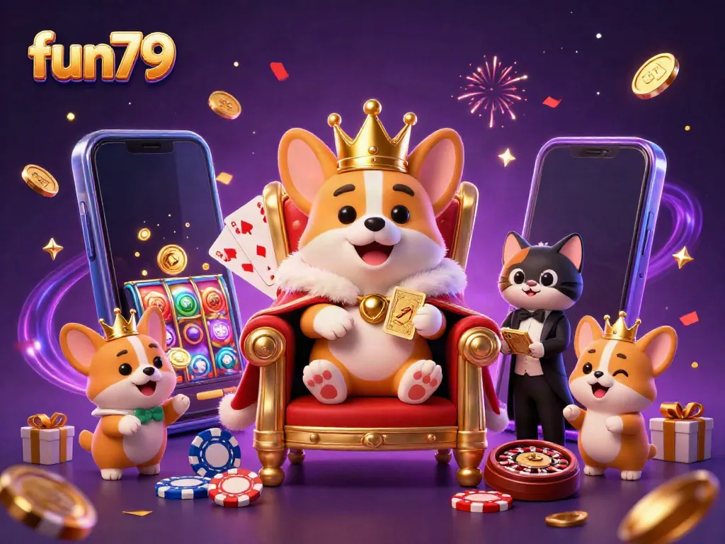Experience the fun79 charm in this vibrant 3D illustration of a royal corgi on a throne of poker chips.