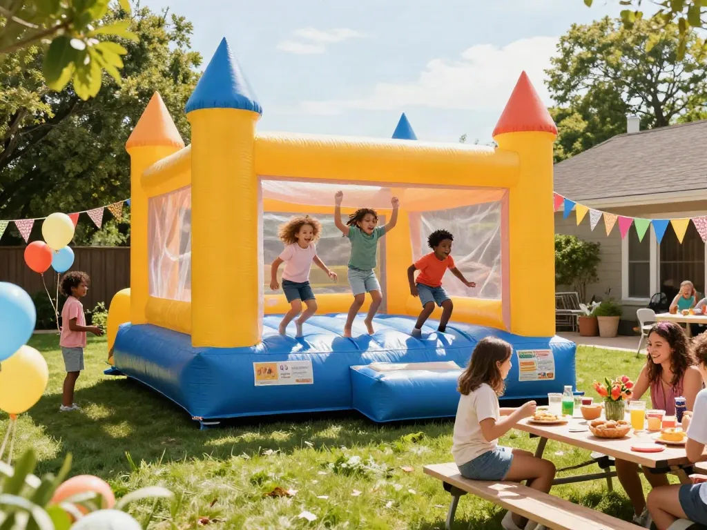 Kids having fun in a bounce castle at a vibrant backyard party.
