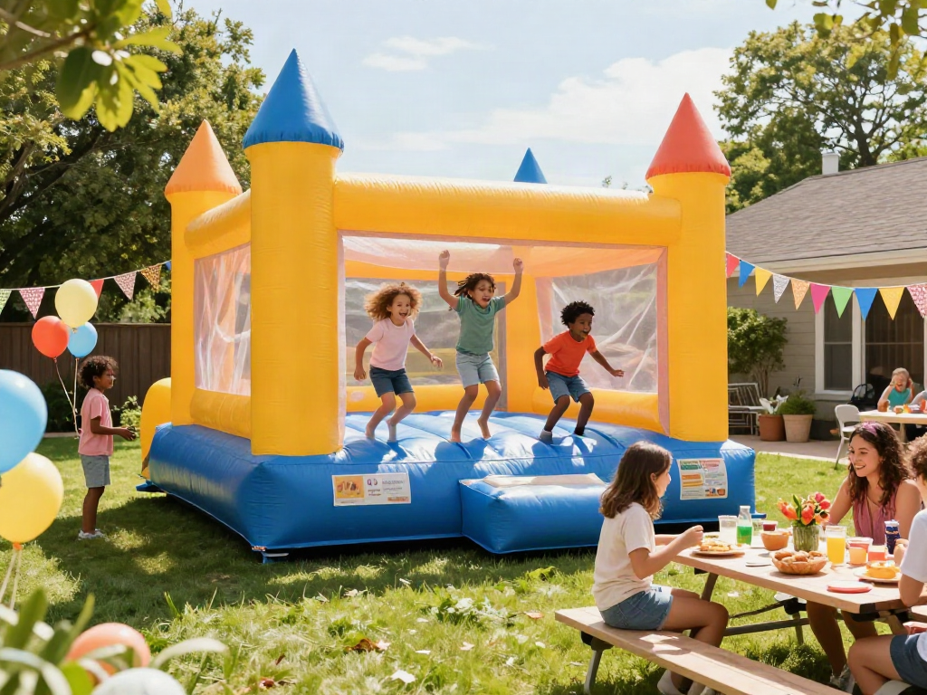 Kids having fun in a bounce castle at a vibrant backyard party.