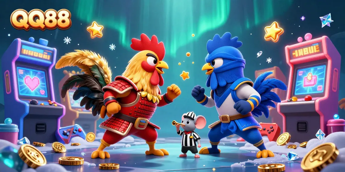 Experience dynamic gameplay with QQ88 as roosters battle in a vibrant casino scene filled with game elements.