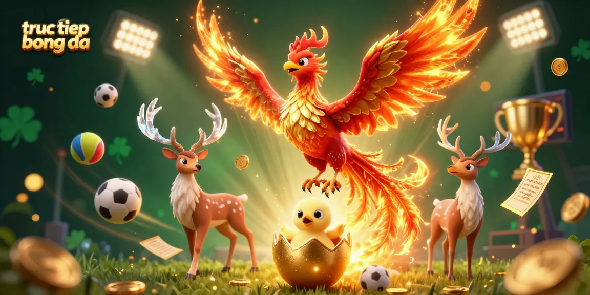 Experience truc tiep bong da through a vibrant 3D scene with phoenixes and sports elements.