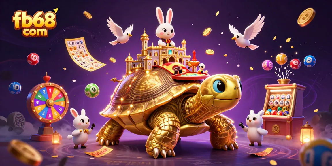 Experience fun at fb68 com with a vibrant 3D cartoon casino featuring a golden tortoise and a rabbit dealer.