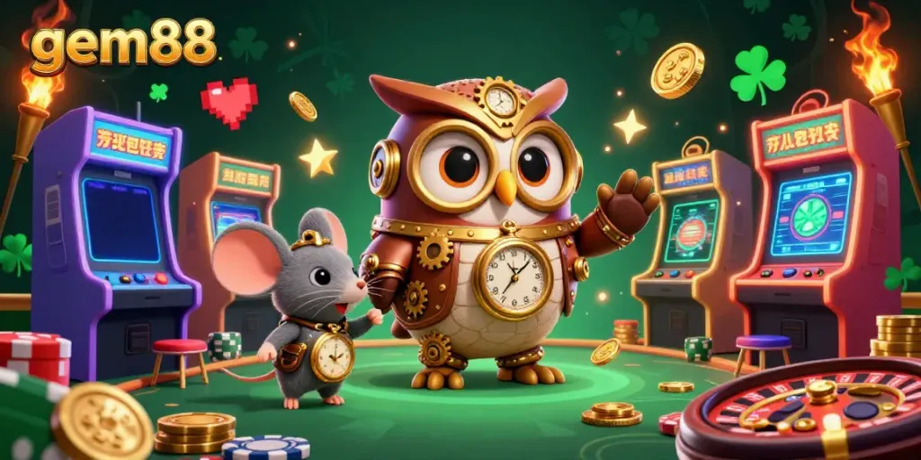 Experience excitement at gem88's dynamic casino scene featuring colorful gaming elements and lively characters.