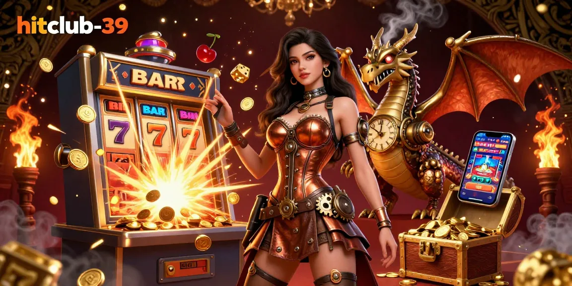 Join hitclub-39's thrilling experience with a stunning illustration of casino gaming, featuring a jackpot explosion and rich steampunk elements.