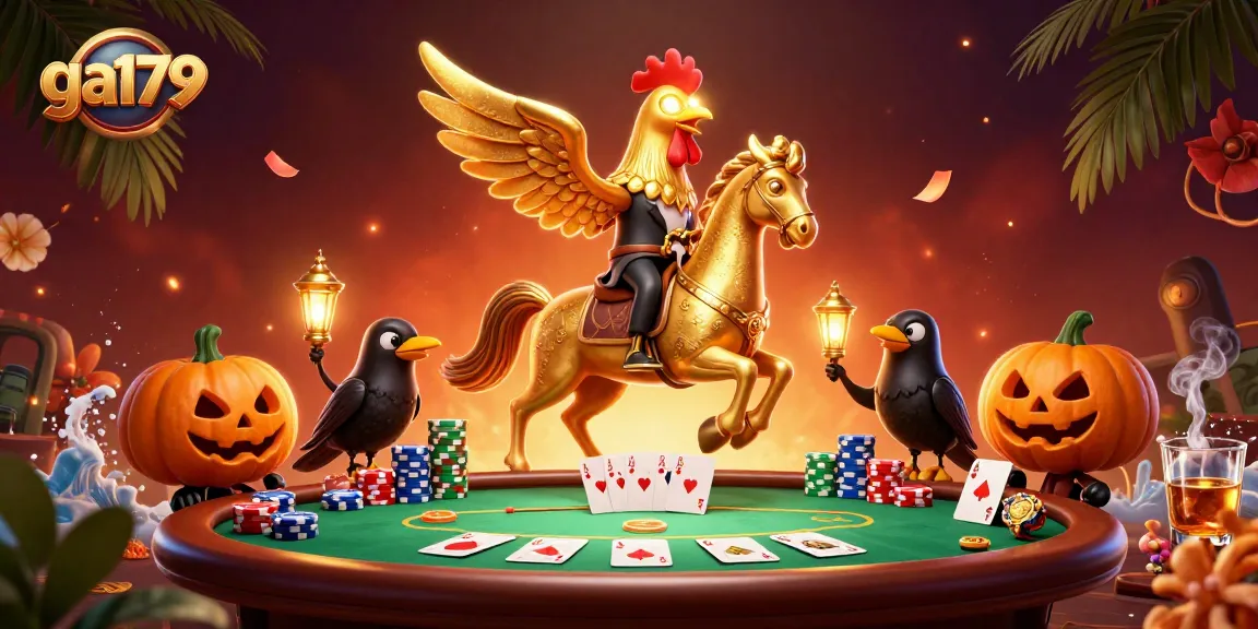 Experience thrilling action at ga179 with a golden rooster and friends in a vibrant casino scene.
