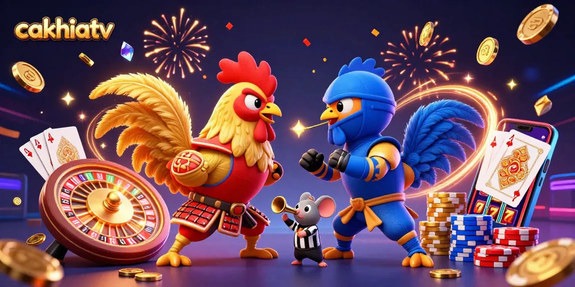 Cakhiatv engages users with twin 3D cartoon roosters in a gambling showdown with vibrant casino elements.