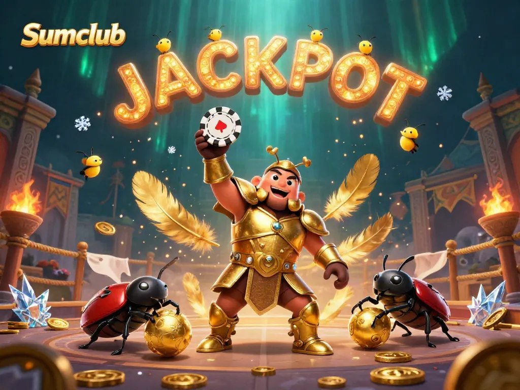 Experience the excitement of Sumclub as a heroic beetle celebrates a poker victory in a vibrant casino scene.