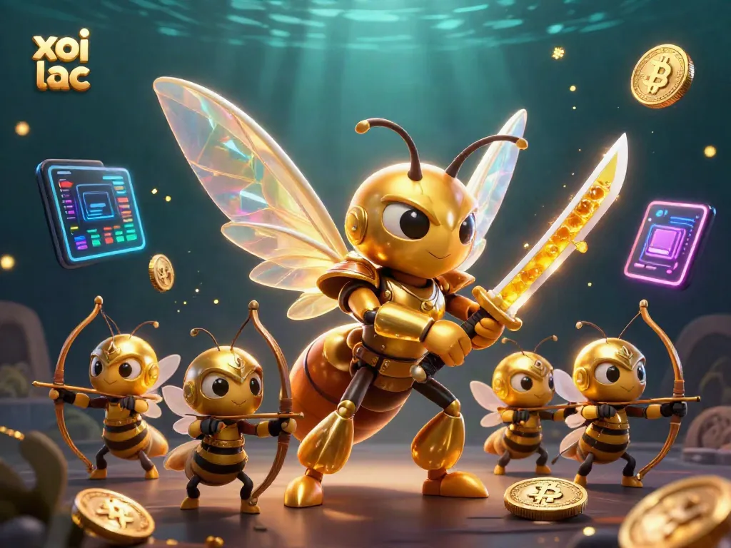 Engage with xoi lac in an energetic scene showcasing a 3D golden hornet samurai and bee archers amidst vibrant gambling elements.