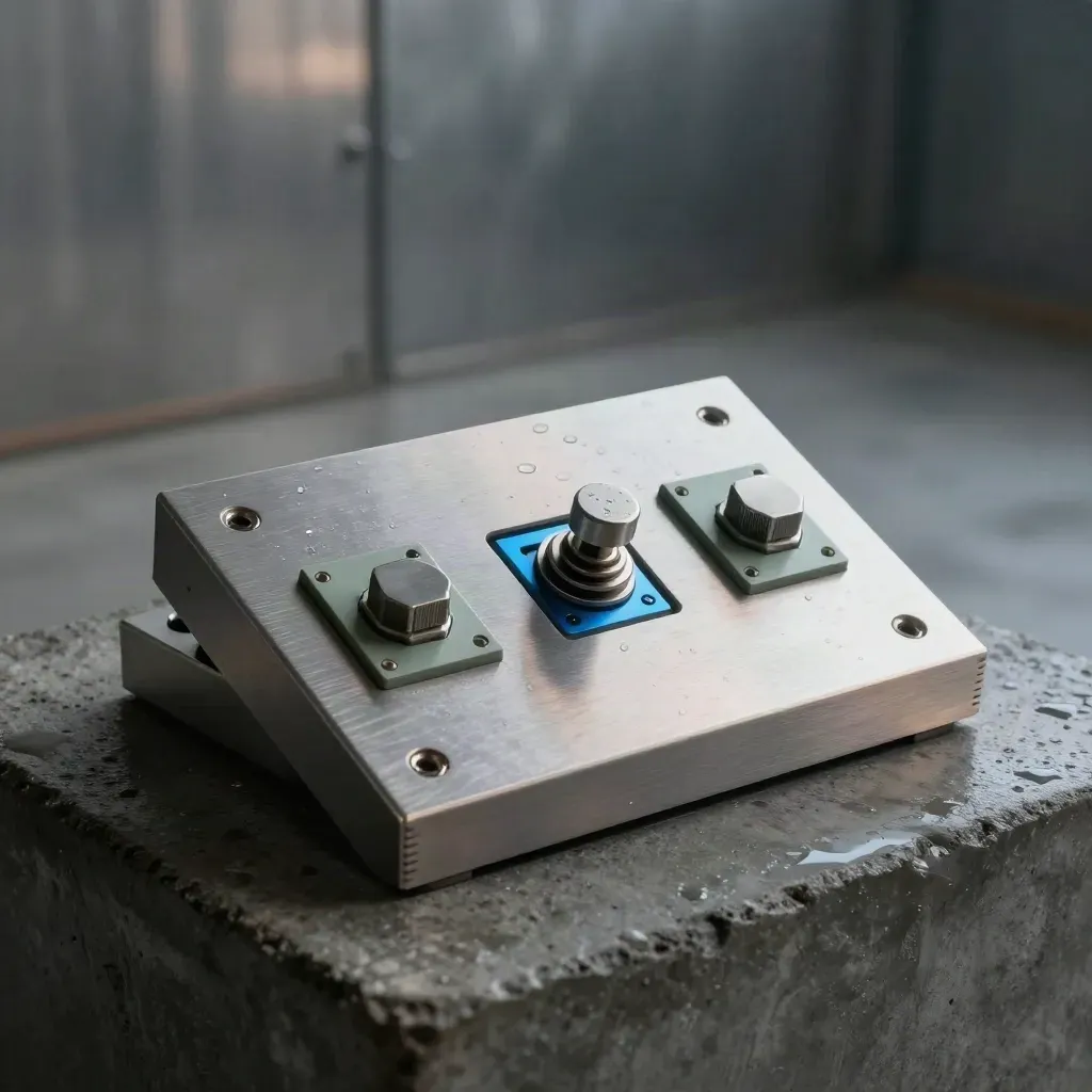 Brushed-aluminum release control slab with toggles in blue-hour mist on dark concrete.
