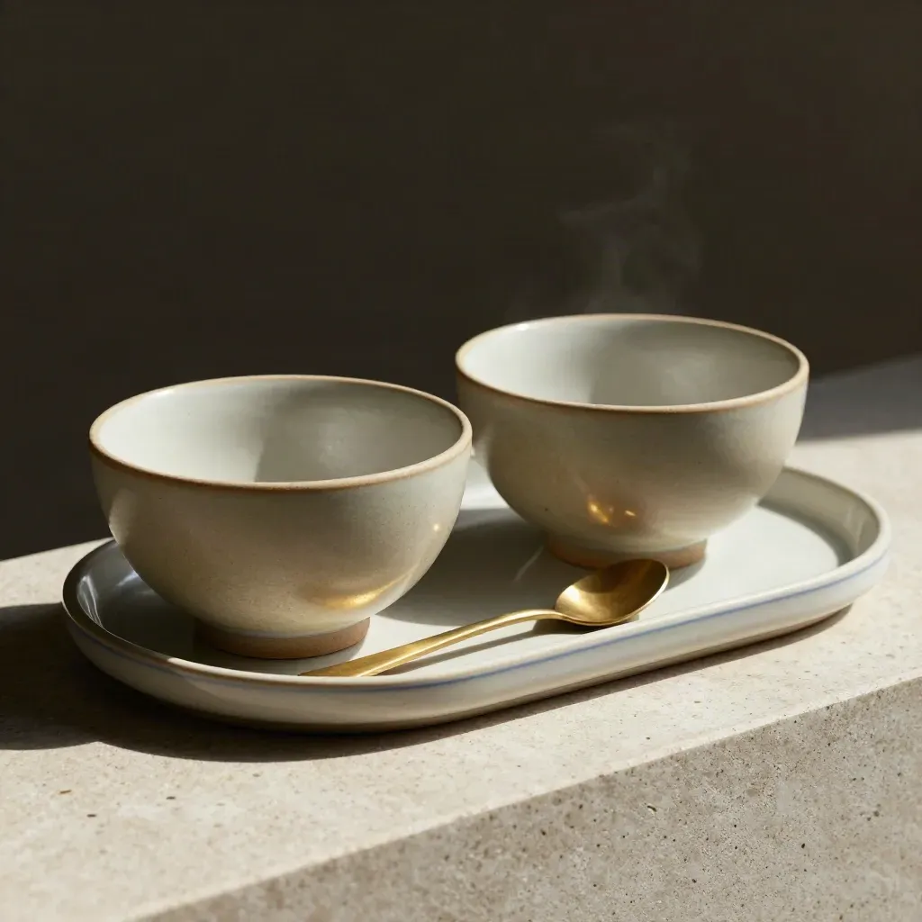 Two ceramic bowls, brass spoon, and split tray on travertine in moody light.