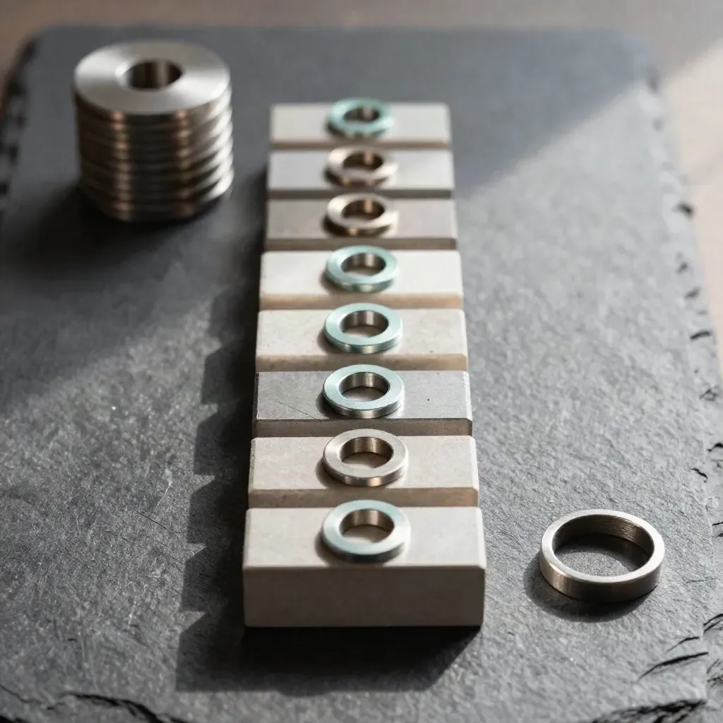 Machined blocks and spacer rings step upward under raking light on slate.