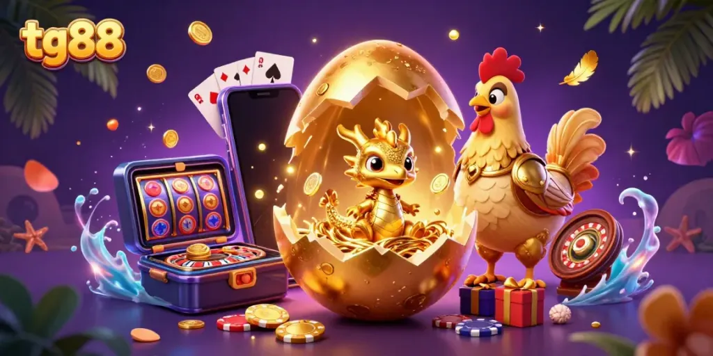 Experience thrilling gameplay with tg88, showcasing a golden baby dragon amidst vibrant casino elements.