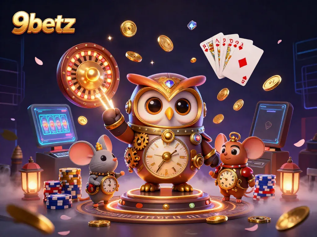 Experience the excitement of 9betz with a vibrant 3D illustration showcasing a time-traveler owl and casino elements.