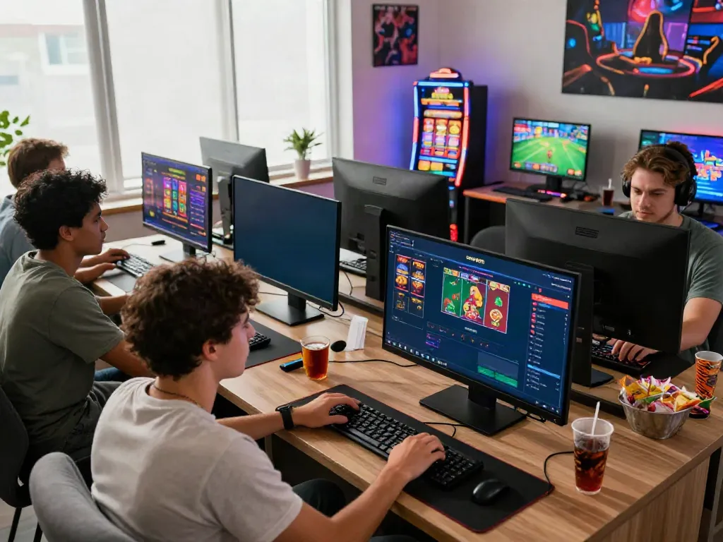 Friends enjoying online gaming at https://sky88tg.com/ with sports betting and casino games, vibrant atmosphere.