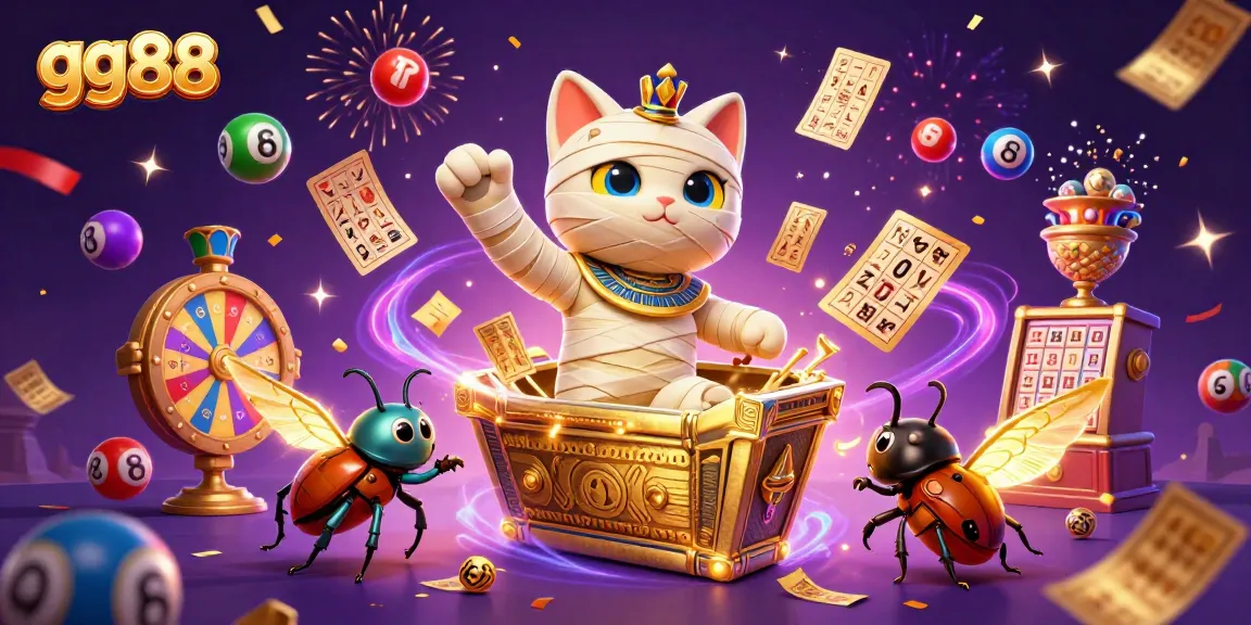 Experience thrilling wins with gg88 in this vibrant 3D casino illustration featuring a mummy cat.