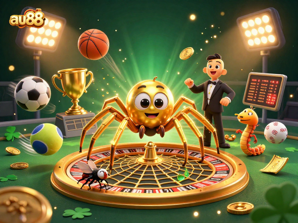 Place bets at au88 with a fly by a spinning roulette wheel while sports balls fly around.