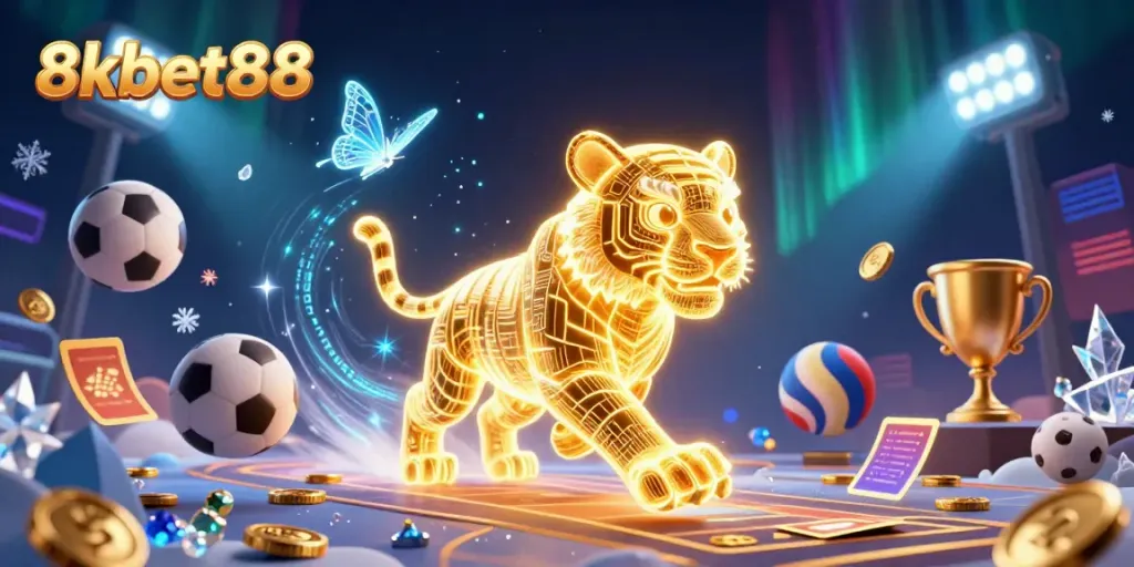 Engage in thrilling online gaming at 8xbet88 with energetic visuals featuring a glowing golden tiger.