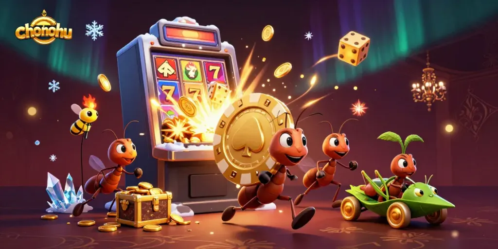 Engage with choinohu in a dynamic casino heist scene featuring ants carrying a giant poker chip.