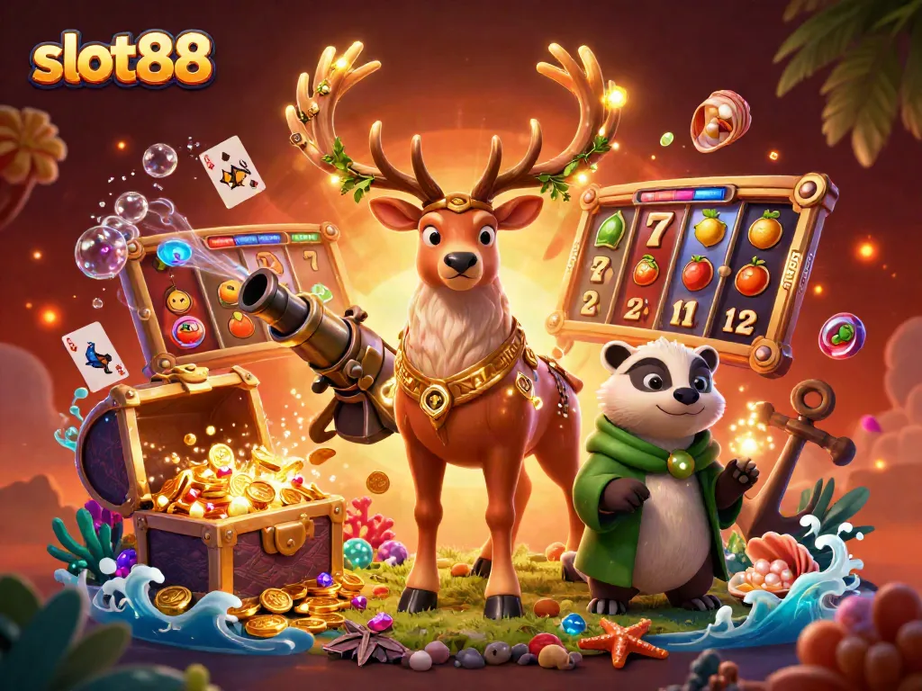 Celebrate winnings at slot88 with vibrant colorful slots exploding with coins alongside magical creatures.