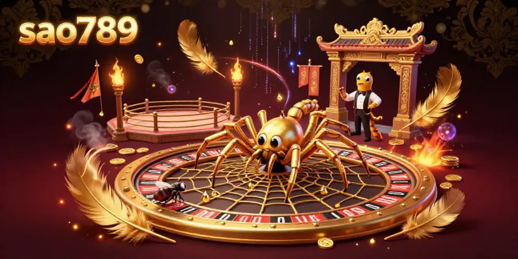 Experience thrilling bets at sao789 with a whimsical 3D scene of a golden spider and centipede croupier.
