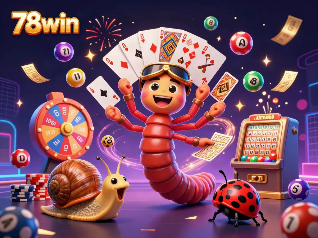 Engage with the thrilling world of 78win through a vibrant illustration featuring a cartoon dealer, chip stacks, and dynamic game elements.
