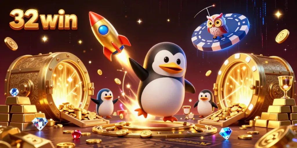 Experience 32 win's thrilling adventures with a golden penguin and casino treasures in space.