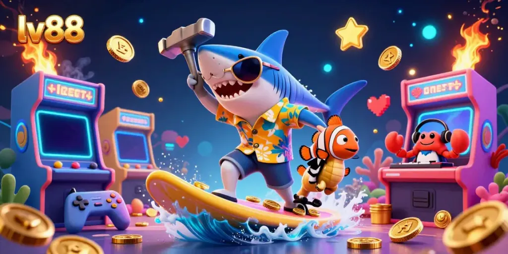 Experience thrilling adventures at lv88 with a vibrant 3D casino illustration showcasing energetic characters and gaming elements.