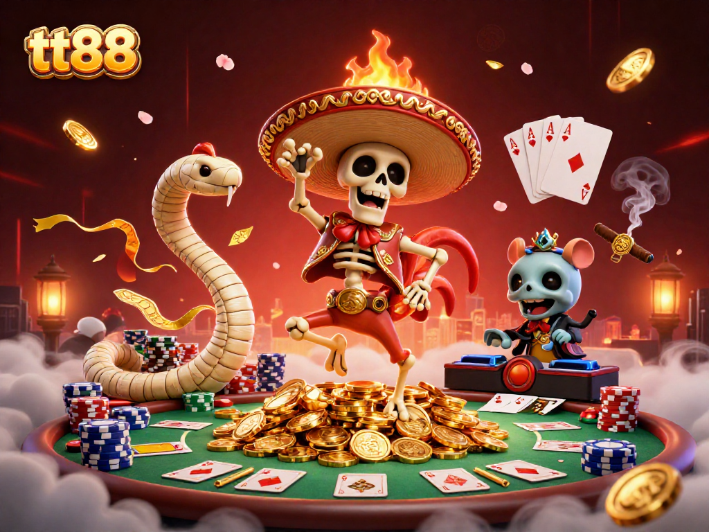tt88 showcases a dynamic casino scene with a dancing skeleton rooster and poker elements.