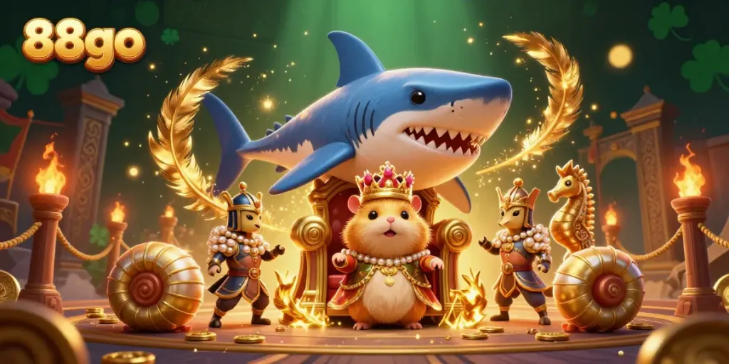 88go presents a dynamic scene with a golden hamster king and seahorse guards in a vibrant casino setting.