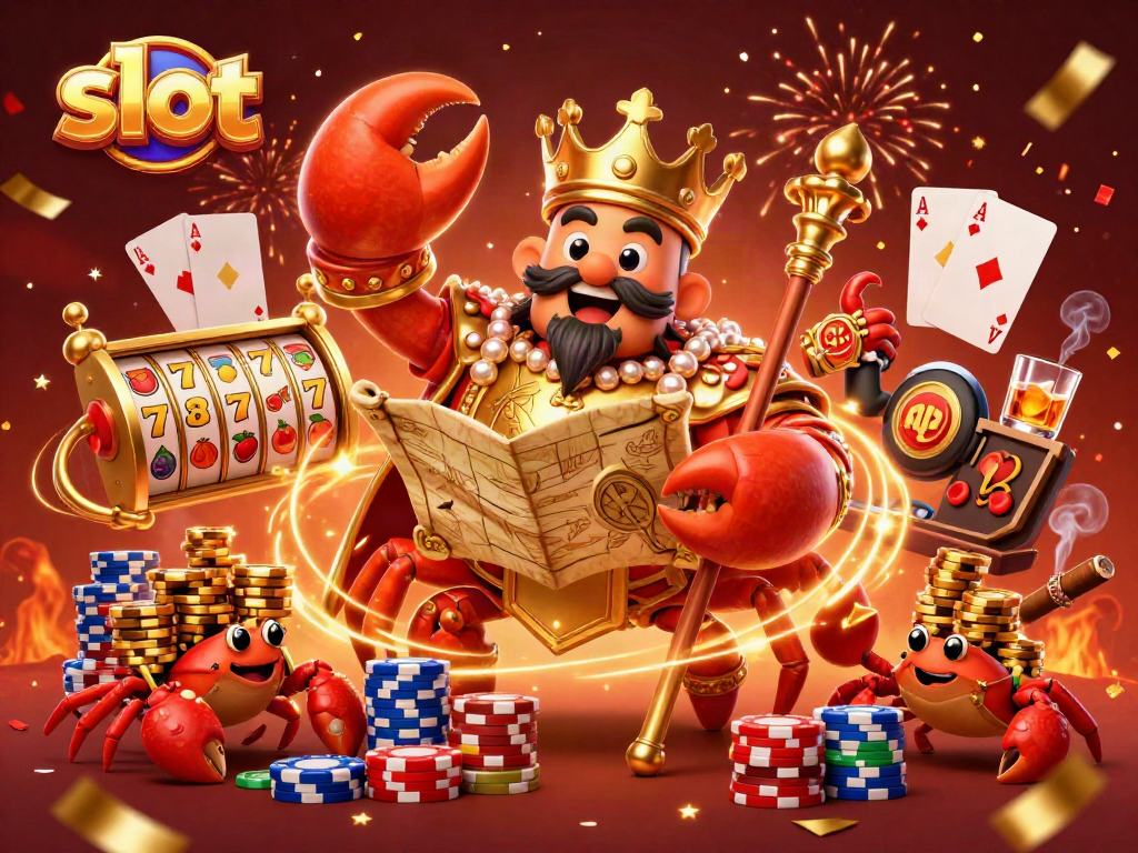 Spin the slot reels with the golden crab emperor and hermit crabs in dazzling casino scene.