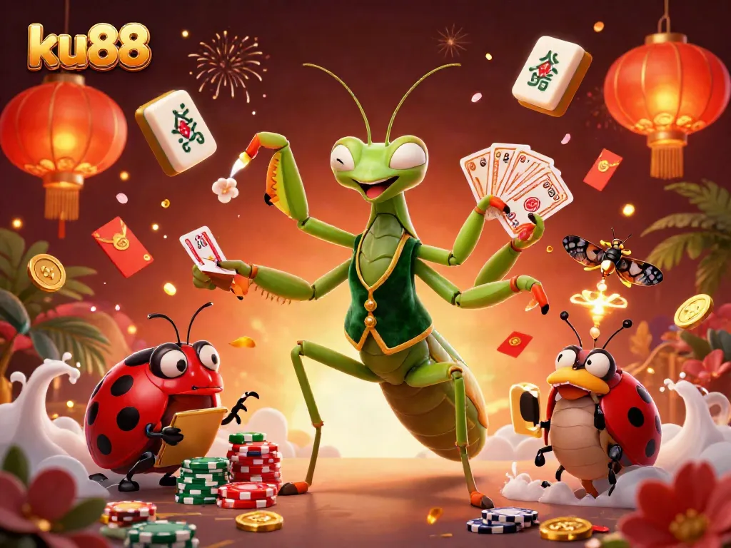 ku88's dynamic online casino scene with a giant praying mantis, ladybug pit boss, and vibrant decorations.