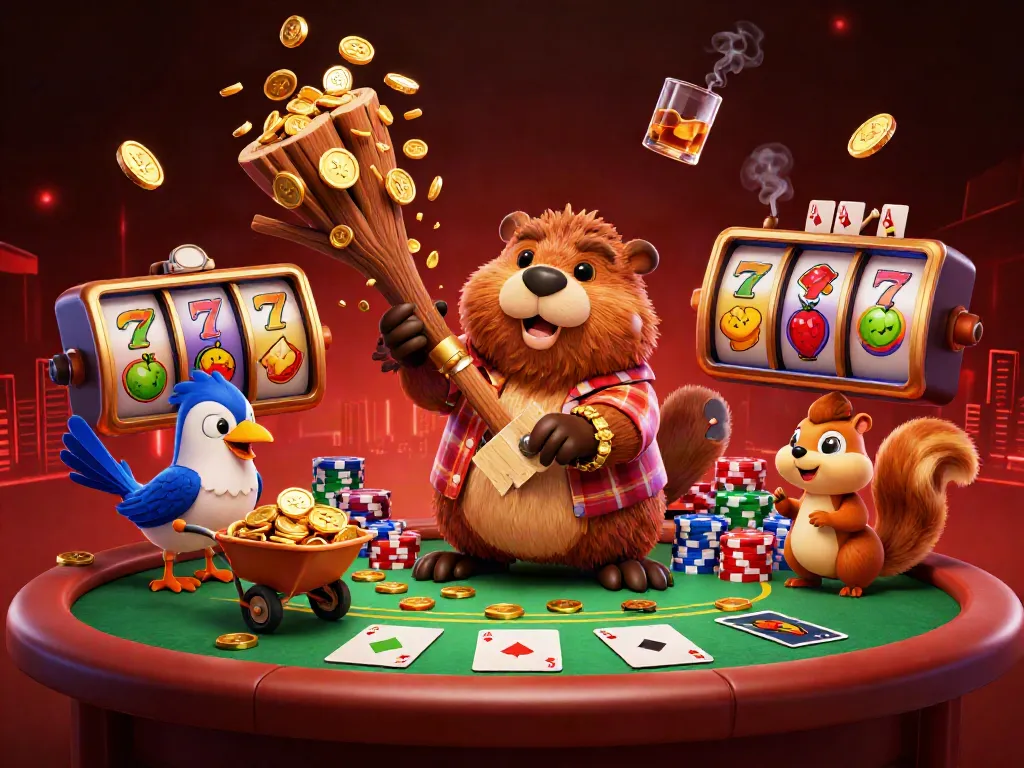 XoilacTv showcases a vibrant beaver character in a fun gambling scene, featuring poker elements and golden coins.