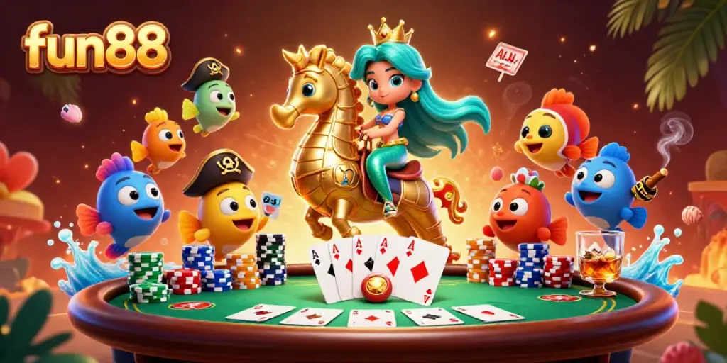 Experience the excitement of fun88 in this vibrant 3D casino scene with a mermaid, seahorse, and poker elements.