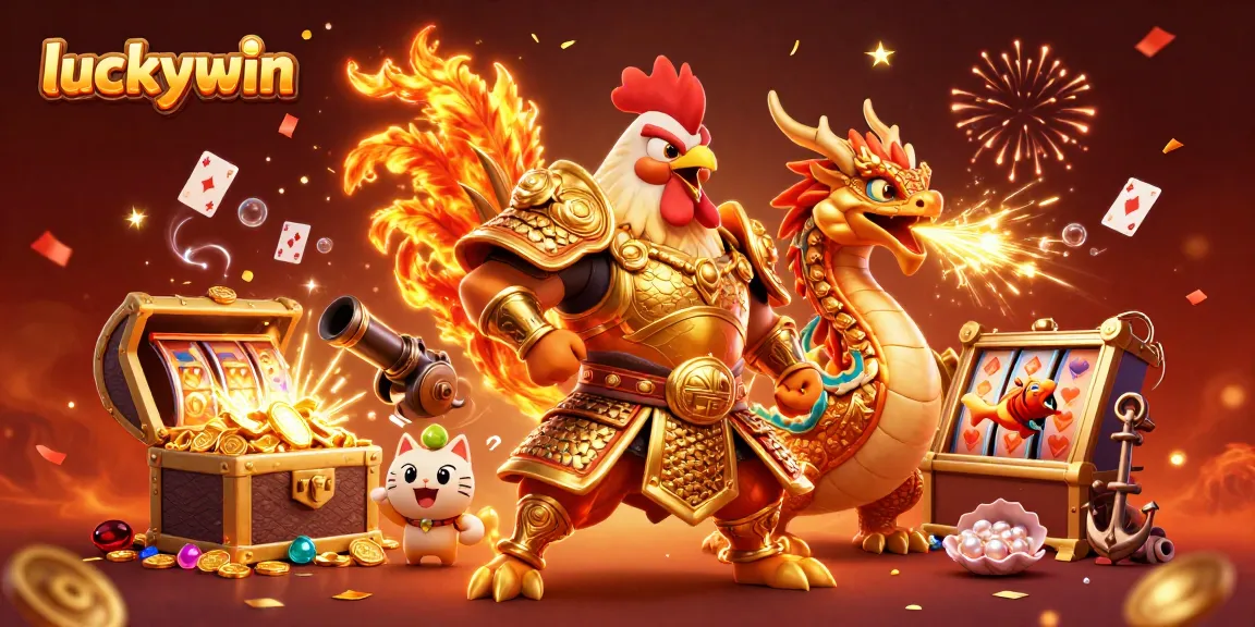 Engage in gaming excitement with luckywin's rich visuals of a rooster warrior and dragon hatchling amidst casino treasures.