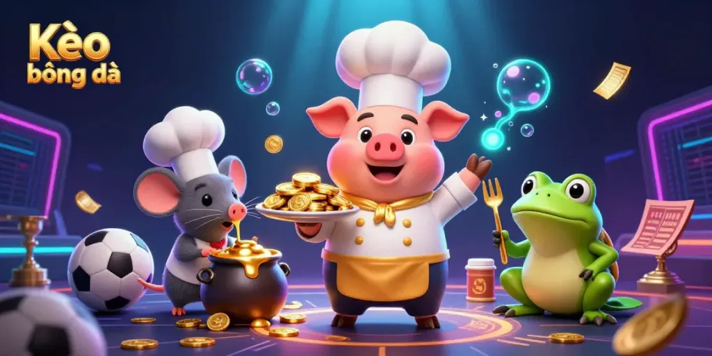 Kèo bóng đá scene featuring a chef pig serving gold coins, with a mouse and frog, and dynamic sports elements.