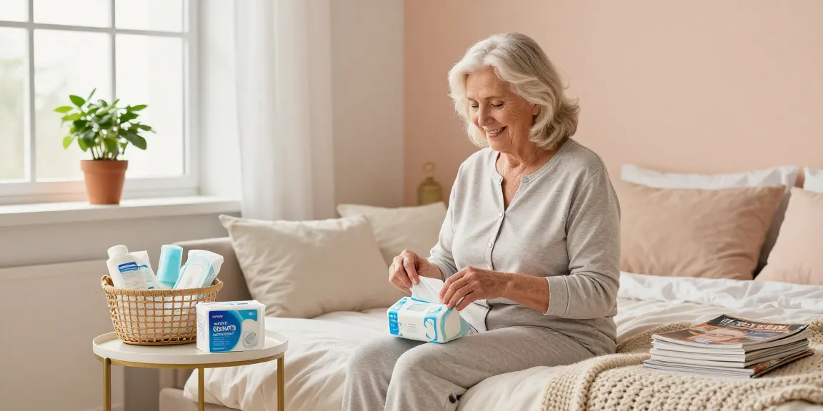 Supportive woman unpacking incontinence supplies in cozy bedroom setting.