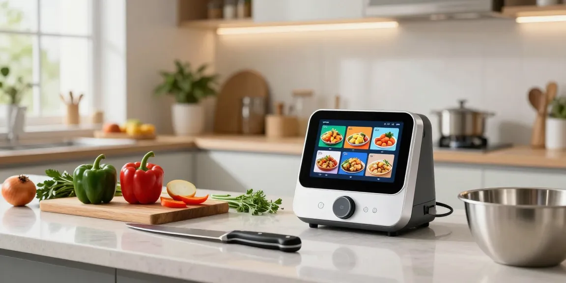 AI cooking gadgets streamline meal preparation in a vibrant kitchen setting.