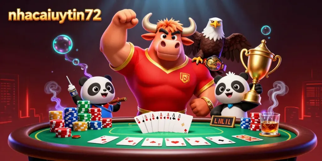 Celebrate winning at nhacaiuytin72 with fun 3D characters in a vibrant casino scene.