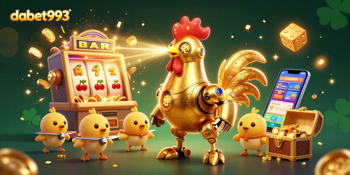 dabet993 showcases a thrilling casino experience with a golden rooster robot and baby chick drones, surrounded by dynamic game elements.