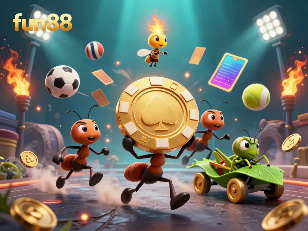 Fun88's dynamic heist scene with cartoon ants and sports elements in a vibrant casino setting.