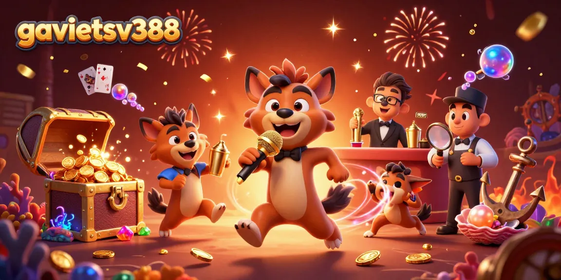 Experience thrilling gameplay with gavietsv388 at a comedy casino scene full of excitement and colorful treasures.