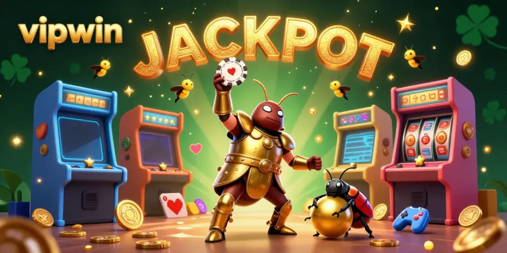 Experience the excitement of vipwin with a heroic beetle lifting a poker chip amidst vibrant gaming elements.