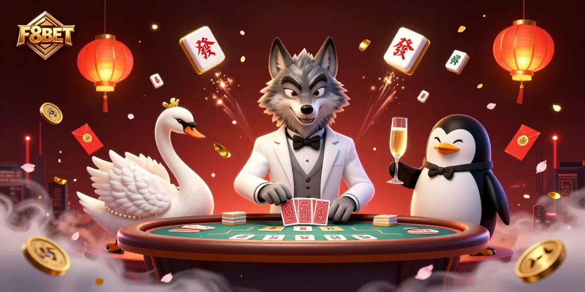 Experience thrilling wins at F8BET with a vibrant casino setting featuring a wolf, swan, and penguin.
