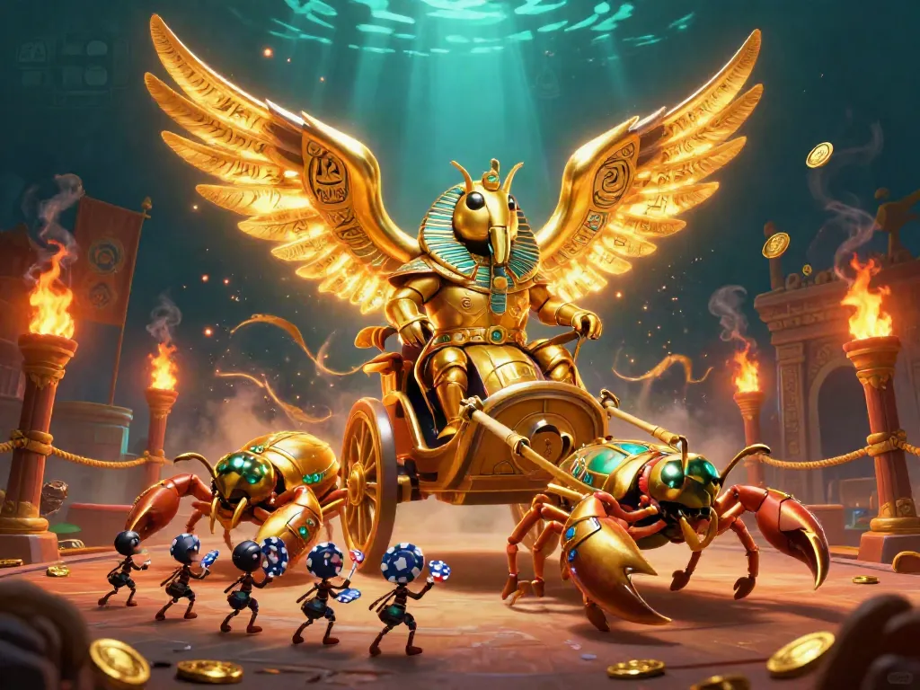 Experience thrilling gaming with abc8 featuring a golden scarab and scorpions in a vibrant casino scene.