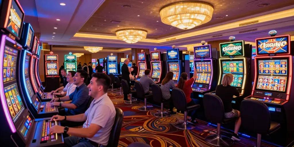 Slot mesin yang menarik perhatian pengunjung dengan suasana ceria di kasino.