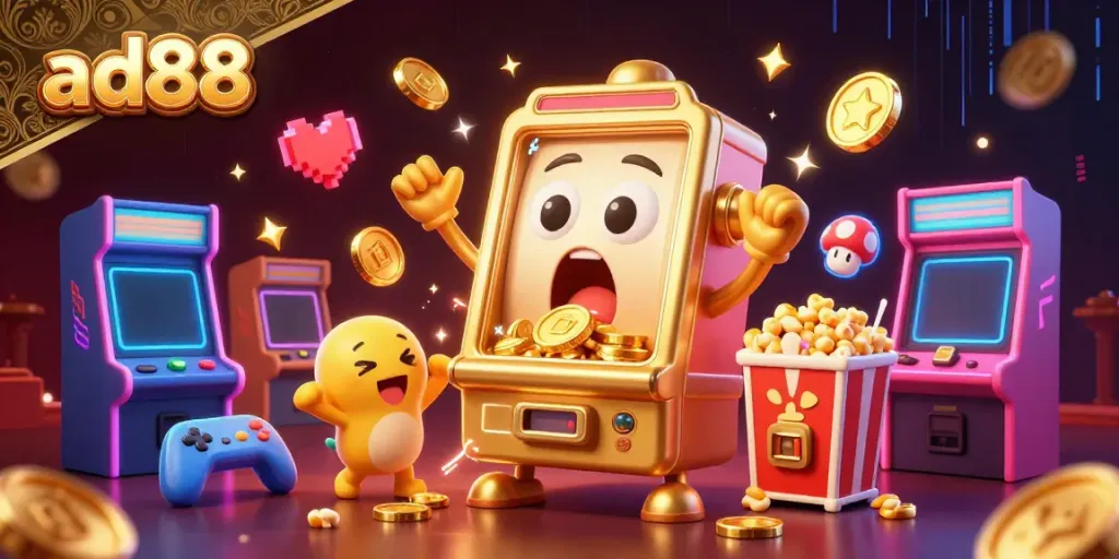 Experience ad88's golden slot machine hitting a jackpot amidst colorful arcade elements and vibrant energy.