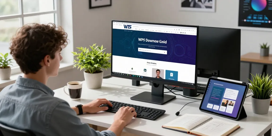 WPS Download showcased on a vibrant workspace screen, with a professional organizing a digital setup for maximum productivity.