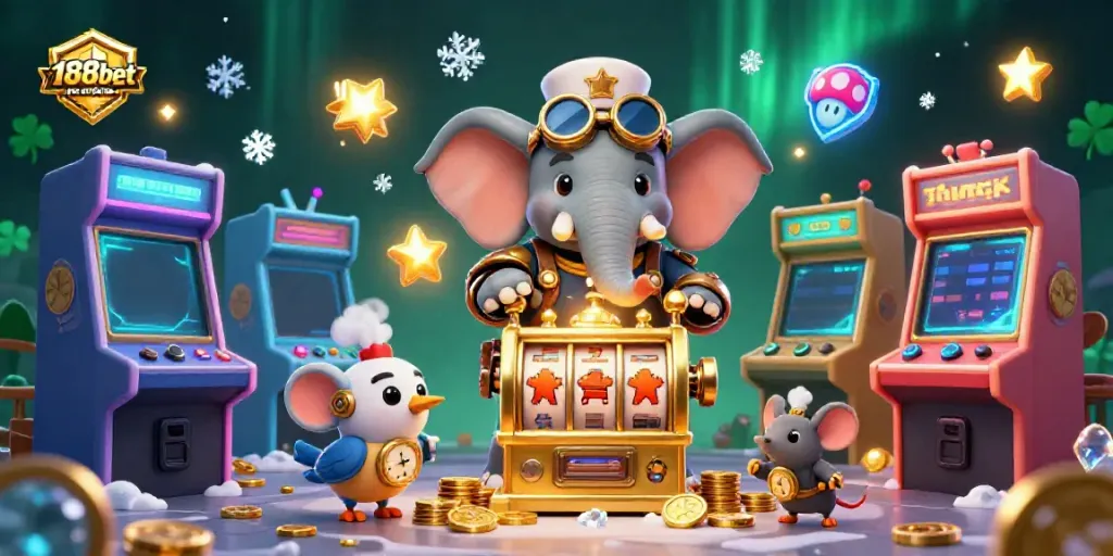 Explore the exciting 188bet mobile gaming experience with a steampunk elephant at a golden slot machine.